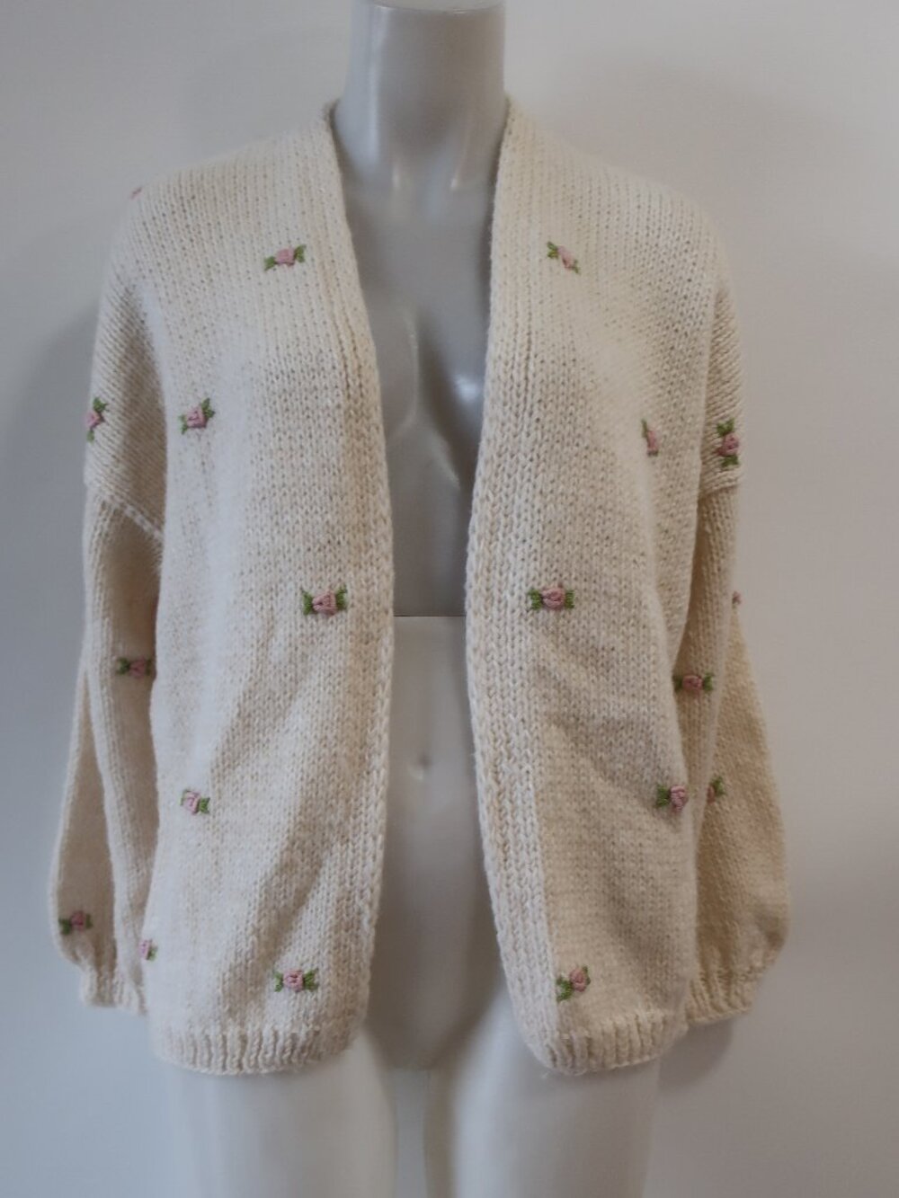 Womens Fanm Mon Hand Knit Ivory Pink (Item-115) Winter Rose Cardigan Sweater M/L